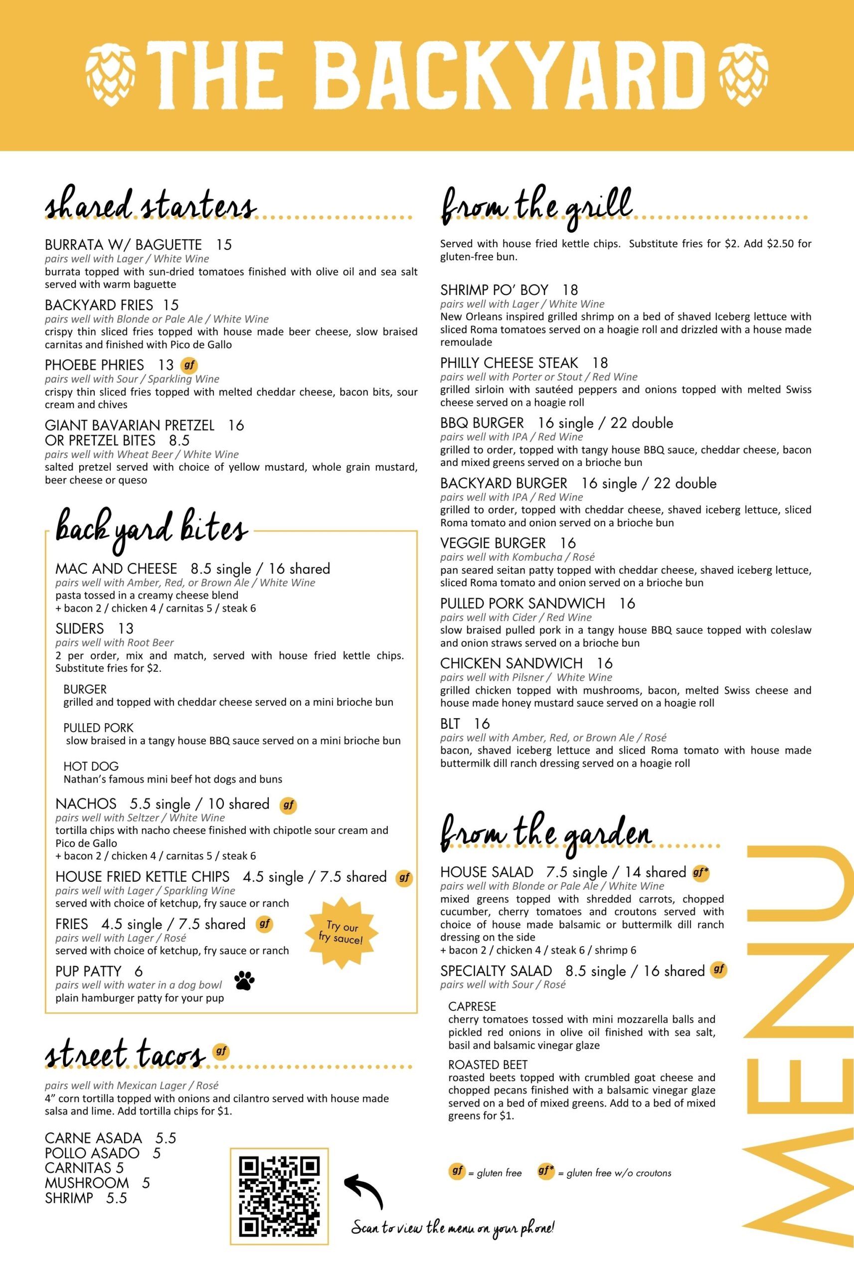 Menu for the Backyard on 13th