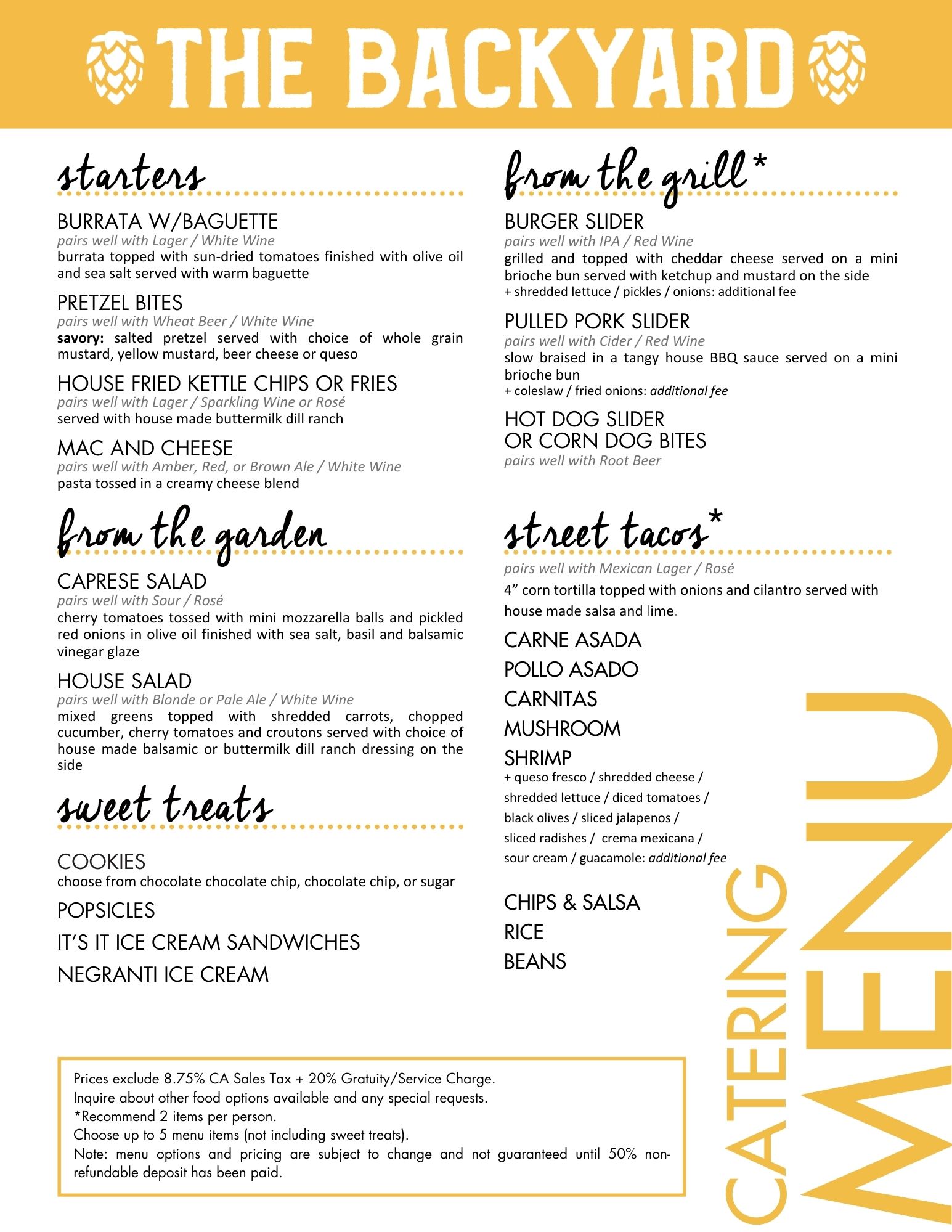 image of catering menu for the backyard on 13th beer garden and restaurant for events and celebrations